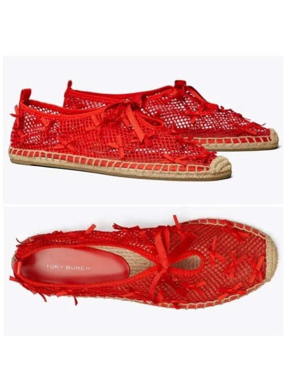 TORY BURCH Mini Bow Mesh Flats Espadrille Shoes Size 6 Blazing Red Mesh NEW $300